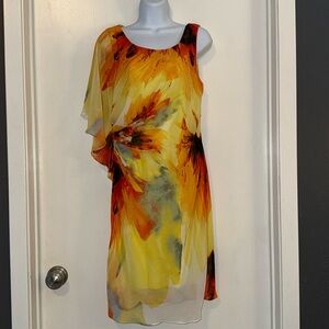 Bisou Bisou Sheer Floral Print One shoulder Sheath MIDI Dress Size 10 EUC